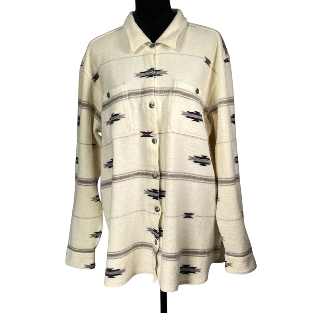 Orvis Off White Fleece Blanket Jacket Aztec Print Gray Striped Western Women XL
